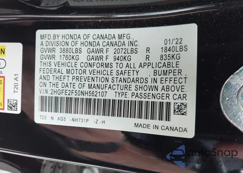 2022 Honda Civic Sport from USA, damaged, VIN 2HGFE2F50NH562107